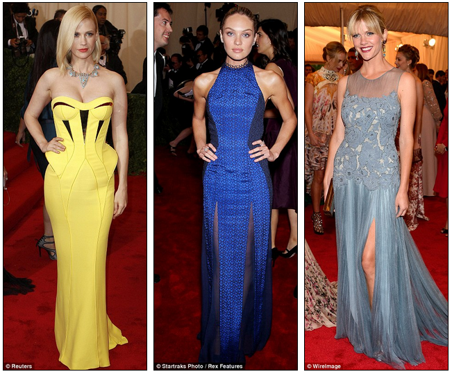 COLOR CONTEST. January Jones, Candice Swanepoel, and Brooklyn Decker had classy ways of standing out. Photo from dailymail.co.uk