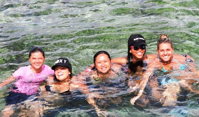 TAKING A BREAK. With fellow surfers Anni (from Thailand - half Australian), Michaela (American who lives in Bali), Kage (fellow Filipino surfer, writer and photographer) and Philippa (Australian pro surfer). Photo from Elaine Abonal