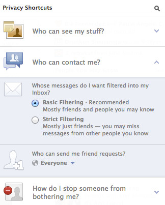 CONTACT PRIVILEGES. The updated Facebook page will feature a means to modify who can contact you or gain access to your information. 