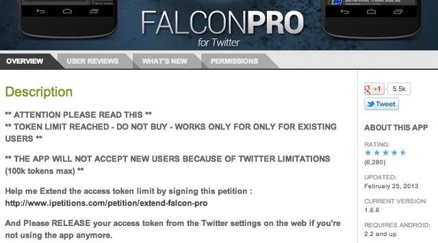 DISSUASION. Falcon Pro dissuades prospective users to drum up awareness of developer issues. Screen shot from Google Play Store.