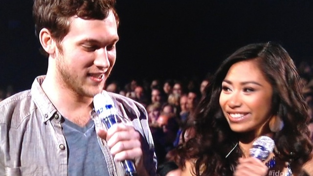 IDOL'S TOP TWO. "American Idol" finalists Phillip Phillips (L) and Jessica Sanchez (R) during a segment in the show's finale, May 23, 2012. Screengrab from FOX television broadcast.