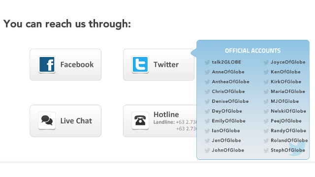 GLOBE CONTACTS. Globe's recent issues with impostors puts into focus the issue of avoiding spoof accounts. Screen shot from Globe.