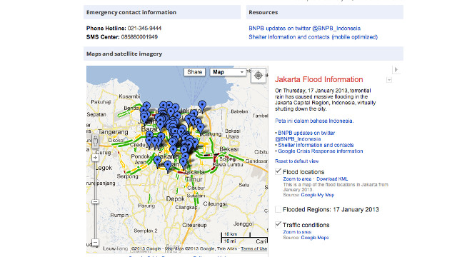 CRISIS RESPONSE. Google's complete emergency page for Jakarta has contact information, news, and maps. Screen shot from Google.