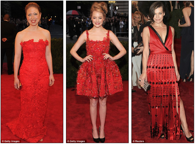 LADIES IN RED. Chelsea Clinton, Emma Stone, and Milla Jovovich went for classic girly beauty. Photo from dailymail.co.uk