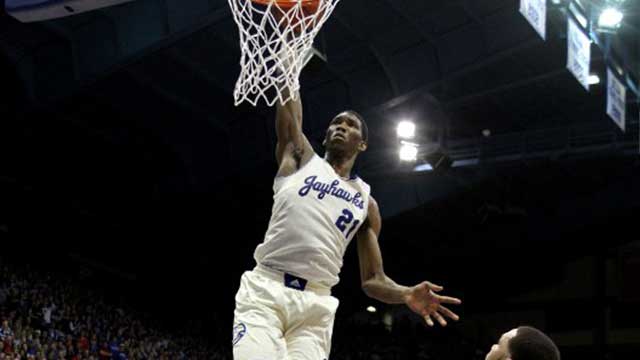 Kansas Jayhawks big Joel Embiid could fill the Celtics void in the middle if he declares for the draft. Photo by Ed Zurga/Getty Images/AFP 