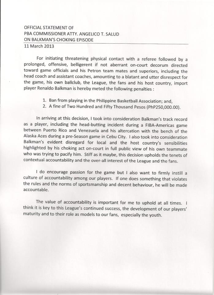 Official statement of PBA Commissioner Chito Salud on Renaldo Balkman's liftime ban. Grabbed from the official Facebook account of the PBA.