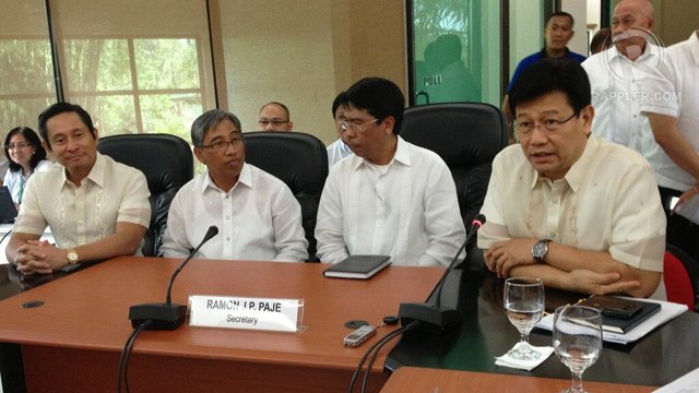 FACING THE PRESS. Government and Philex Mining officials answer questions from the press after the check turnover ceremony. From left-to-right: Philex spokesperson Michael Toledo, Philex president Eulalio Austin Jr, Mines and Geosciences Bureau director Leo Jasareno, Environment Secretary Ramon Paje. Photo by Cai Ordinario