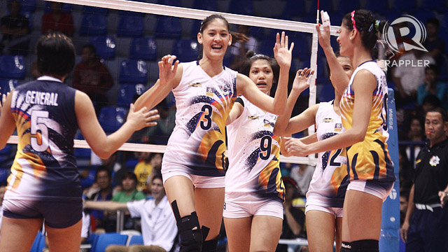 TWIN TOWERS. Sisters Jaja (center) and Dindin (right) Santiago celebrate after a point. File photo by Josh Albelda/Rappler