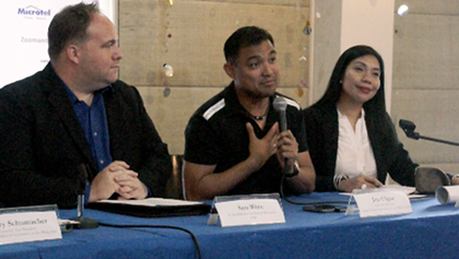 IN UNISON. From left to right, ADP's Sam White, CCAP's Jojo Uligan and Chris Sports' Arleen Lindo agree about prioritizing physical fitness for call center workers at a press conference announcing their fitness program for 2012. This involves a call center wide olympics with basketball, badminton, table tennis, billiards and darts.