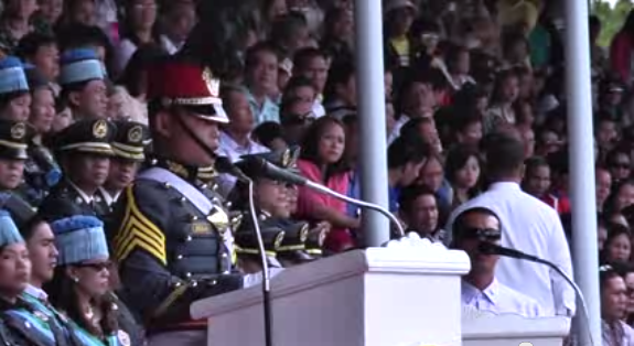 TOP CADET. Jestony Lanaja delivers his valedictory address where he asks his peers to stay true to the values they learned. Photo by Natashya Gutierrez.