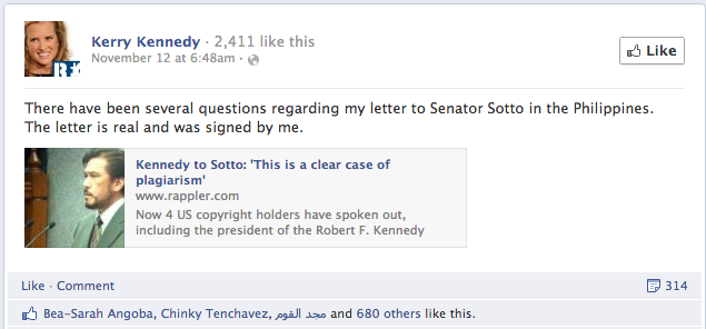 Screenshot from Kerry Kennedy's Facebook page