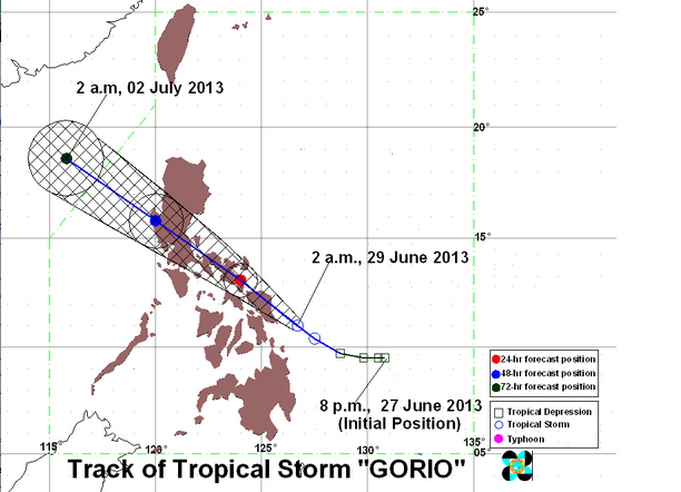 FORECAST. Track of Tropical Storm Gorio as of 2:00am, June 29, 2013. Image courtesy of PAGASA FORECAST. Track of Tropical Storm Gorio as of 2:00am, June 29, 2013. Image courtesy of PAGASA