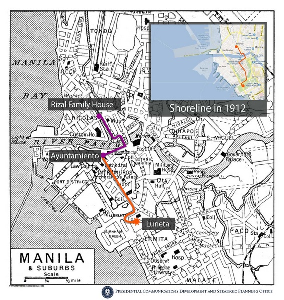 FUNERAL PROCESSION. The route of Jose Rizal's funeral cortege from Binondo to Luneta in 1912. Screen grab from Official Gazette