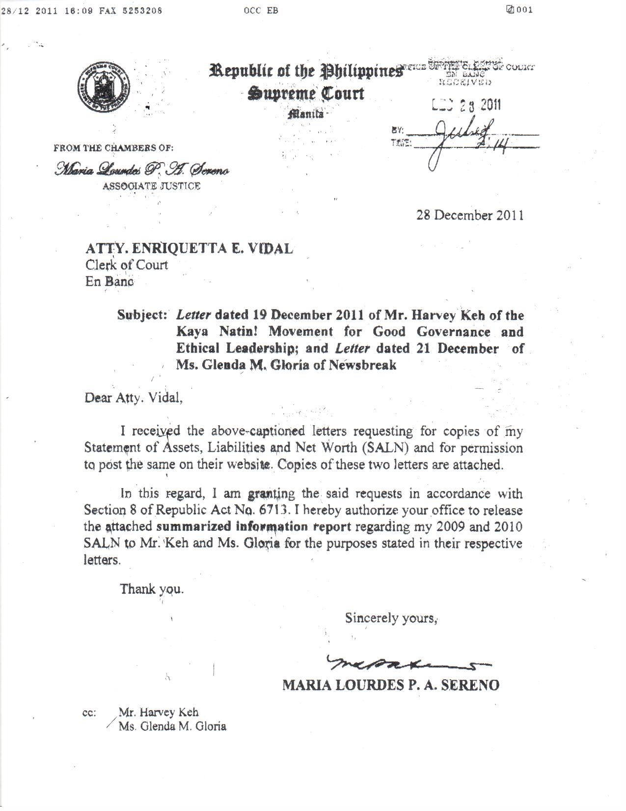 RELEASE IT: SC Justice Maria Lourdes Sereno tells Clerk of Court Enriqueta Vidal to release the summary of her SALN 
