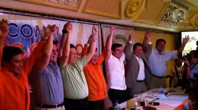 UNITED ALLIANCE? Resigned Sen Juan Miguel Zubiri joins the party of former President Joseph Estrada despite the objection of the leader of its coalition partner, Sen Aquilino "Koko" Pimentel III of PDP-Laban.