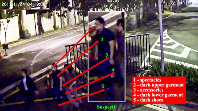 SUSPECT NO. 1 Abastillas is identified in this enlarged fragment of the video as Suspect No. 1, including a description of his appearance. Photo from case file