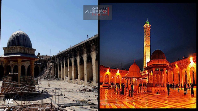 Photo from the Aleppo Media Center shows the Umayyad mosque minaret before (R) and after (L) it was destroyed April 24, 2013.