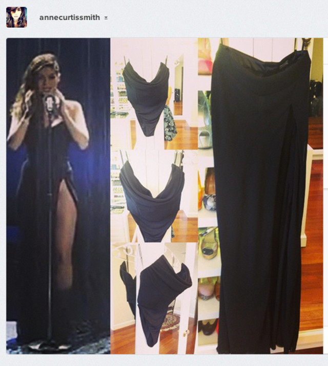 OUTFIT COMPONENTS. The top is actually a bustier bodysuit that's high cut. The slit of the skirt, meanwhile, was high enough to reveal Anne's leg almost up to her waist, but not the lower part of the bodysuit. 