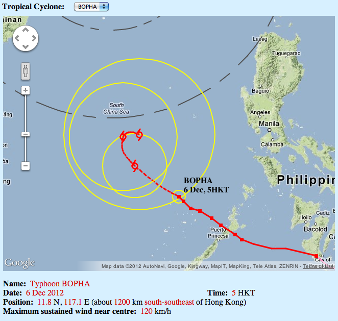 Hong Kong Observatory forecast track for Bopha as of 8 am December 6, 2012. Image courtesy of the HKO.