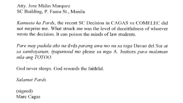LETTER. A screenshot of Cagas' letter, as printed in the SC resolution.
