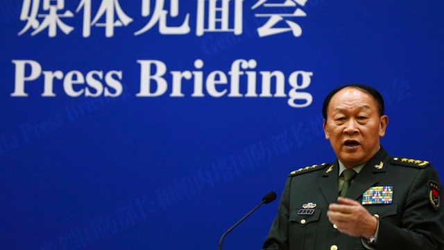 China's Defense Minister Liang Guanglie speaks at a news conference with visiting US Secretary of Defense Leon Panetta (not pictured) at the Bayi Building in Beijing on September 18, 2012. AFP PHOTO / POOL / Larry Downing