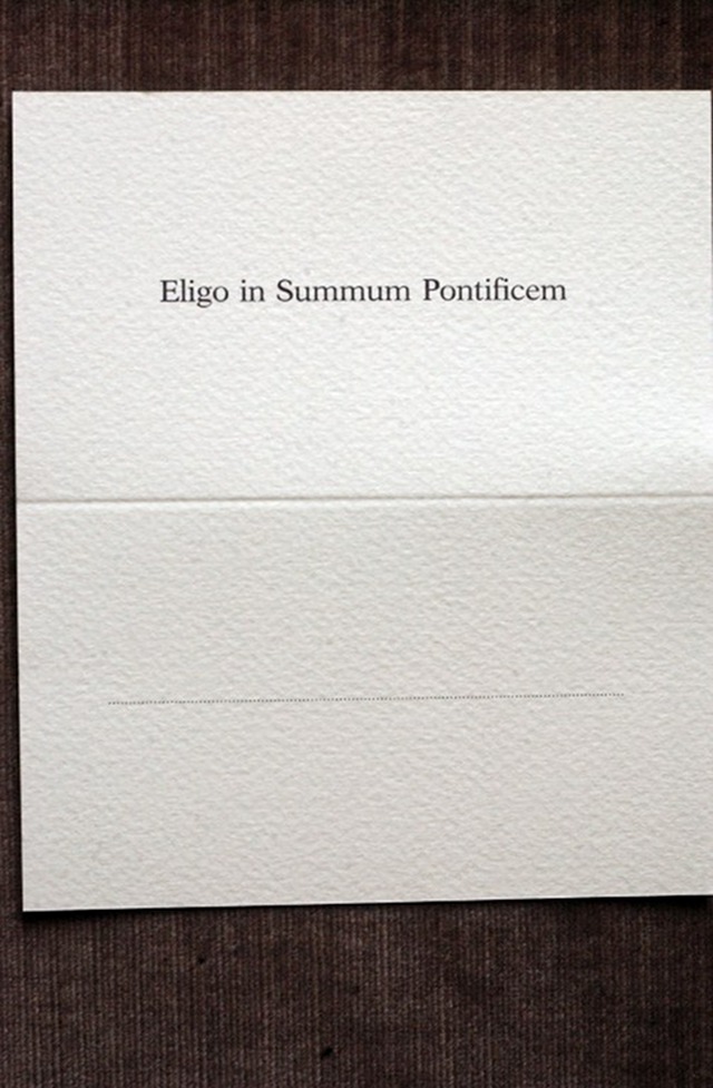 BALLOT PAPER. Cardinals vote using a rectangular ballot with a Latin inscription. File photo from AFP