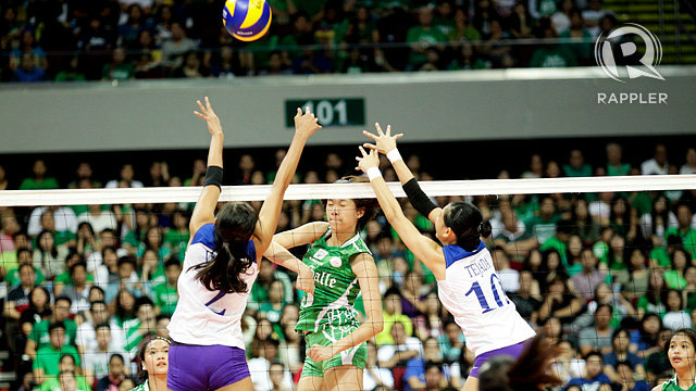 DOWN BUT NOT OUT. Mika Reyes, shown during a game earlier this month, and the Lady Spikers looked vulnerable early but emerged to win in 4 sets. Photo by Josh Abelda