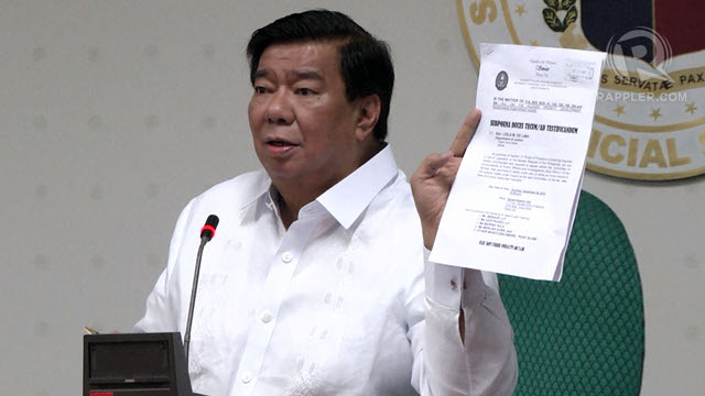 'GOV'T OF LAWS.' Senate President Franklin Drilon will not sign the subpoena issued by Sen Guingona for Janet Napoles, deferring to the advice of the Ombudsman. Instead, he signs a subpoena for Justice Secretary Leila de Lima and the whistleblowers. File photo by Franz Lopez/Rappler