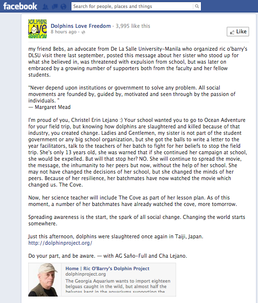 MAKING WAVES. Going viral on Facebook is a status update about how young Christel felt about dolphins being held captive in a water marine park. Screengrab from Facebook
