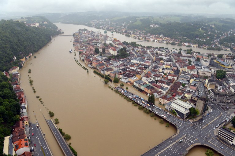 EUROPE FLOODS. An aerial view shoes the overflooded old city in Passau, southern Germany, on June 3, 2013. Photo by Peter Kneffel/AFP