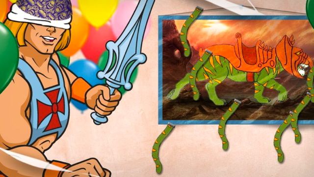 PIN-THE-TAIL. He-man plays the game on Battle Cat. Fan art from the He-man Facebook page