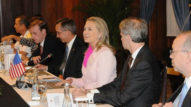 VISITING SOUTHEAST ASIA. US Secretary of State Hillary Rodham Clinton meets with senior officials in Jakarta, Indonesia, September 3. Courtesy of US State Department