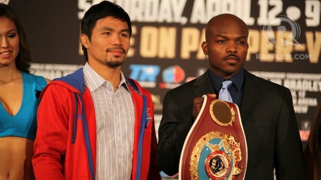 Manny Pacquiao (left) and Timothy Bradley (right) at the press conference to announce their rematch on April 12. Photo by Jhay Oh Otamias