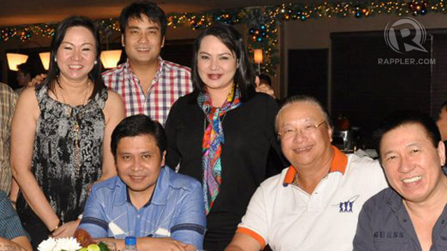 SOCIAL ACQUAINTANCES? Janet Lim-Napoles, left (standing), rubs elbows with senators Jinggoy Estrada and Bong Revilla in this photo taken during a party in Estrada's favorite hangout in San Juan. The man second from right is businessman Jaime Dichaves, who has owned to the Jose Velarde account initially linked to former President Joseph Estrada.