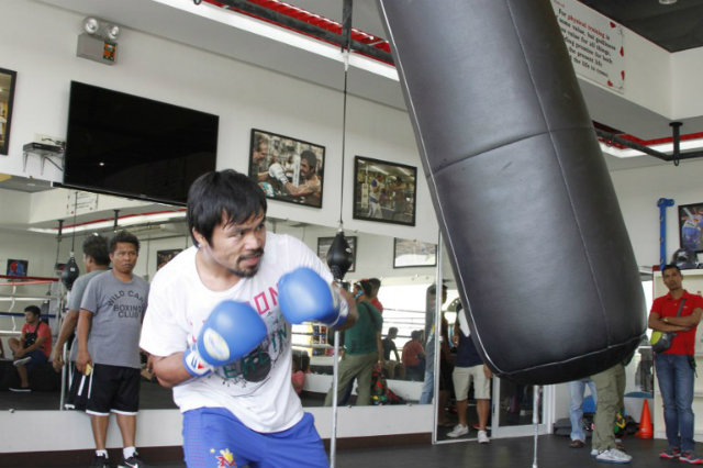 Manny Pacquiao will set up camp in Los Angeles for the Mayweather fight. Photo by STR/AFP