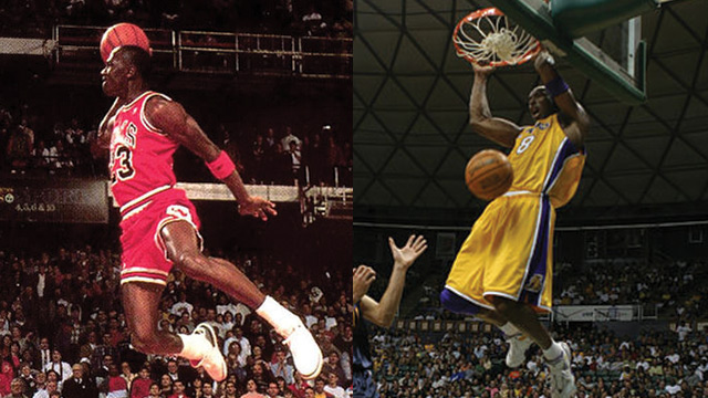 BE LIKE MIKE? Though their primes didn't coincide, Michael Jordan (L) and Kobe Bryant (R) will forever be linked in history due to their constant comparisons. Photos from WikiCommons