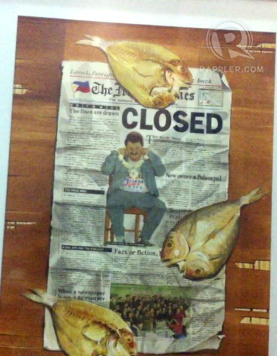 NEWSPAPER. An artwork featuring the front page of the Manila Times when it was closed during the Estrada administration. Photo by Ayee Macaraig.