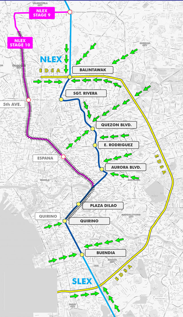 TWO ROADS. Metro Pacific and San Miguel-Citra propose to build separate roads connecting NLEx and SLEx. MPIC's proposal is the pink line, while San Miguel-Citra's is the shorter, dark blue line. Illustration from the SMC-Citra group