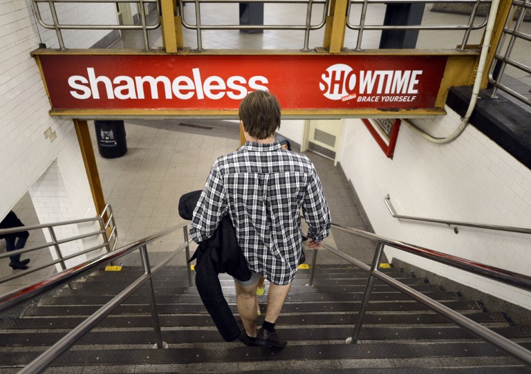 SHAMELESS. A rider in the New York City subway in the underwear as the take part in the 2013 No Pants Subway Ride January 13, 2013. AFP PHOTO / TIMOTHY A. CLARY