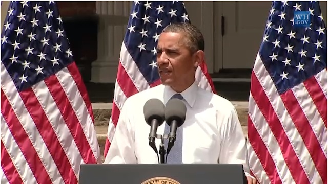 CLIMATE SPEECH. US President Barack Obama delivers a speech on climate change at Georgetown University in Washington, DC, June 25, 2013. White House video frame grab