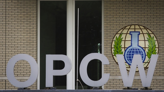 INSPECTORS IN SYRIA. The Organization for the Prohibition of Chemical Weapons (OPCW) announced Wednesday, October 16, it has inspected 11 of 20 sites identified by Syria. This logo of the OPCW is pictured outside its building in The Hague, The Netherlands, August 31, 2013. Photo by EPA/Evert-Jan Daniels