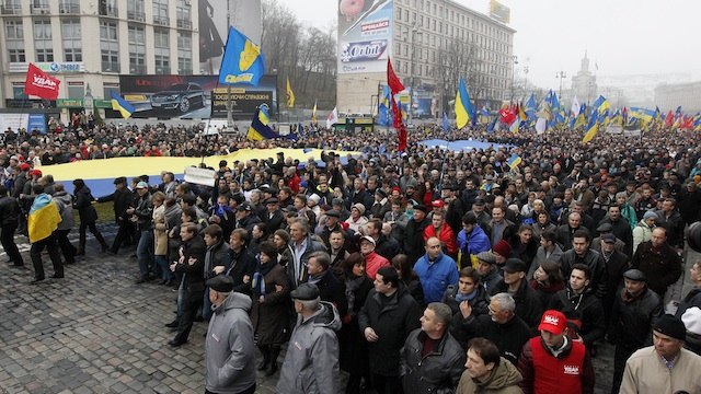 PRO-EU RALLY. Ukrainians march during an anti-government mass protest in downtown Kiev, Ukraine, 24 November 2013. File photo by Sergey Dolzhenko/EPA