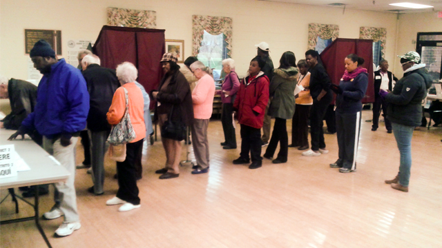 Americans line up to vote in U.S. elections in Rahway, New Jersey.
