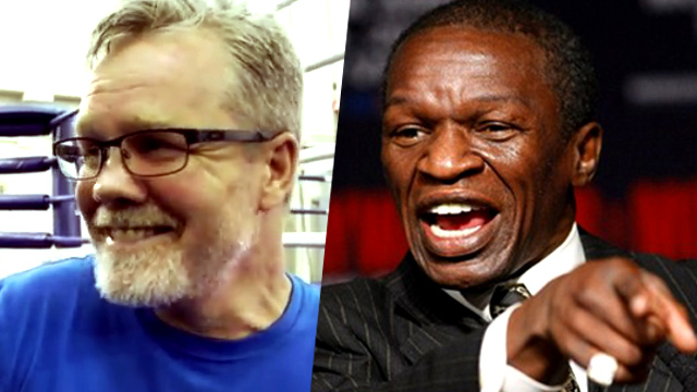 Freddie Roach (L) trains Manny Pacquiao while Floyd Mayweather Sr (R) trains his son