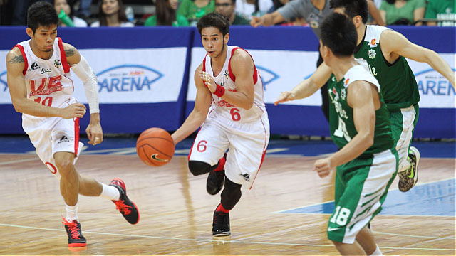 Roi Sumang (C) feels the taunts of the UE fans served as motivation for Kiefer Ravena late in the game. File photo by Josh Albelda