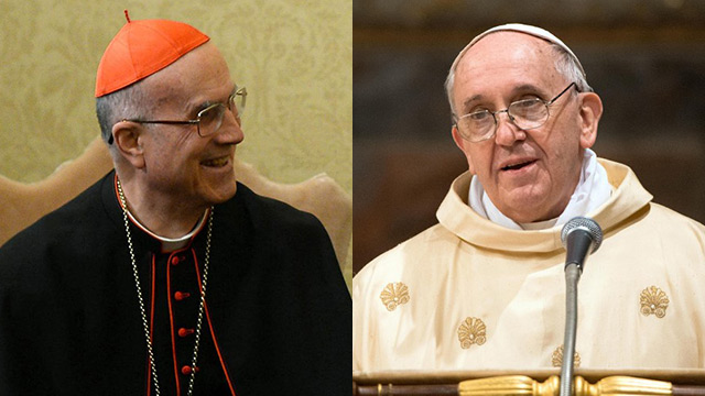 Cardinal Tarcisio Bertone and Pope Francis. File photos from AFP and EPA