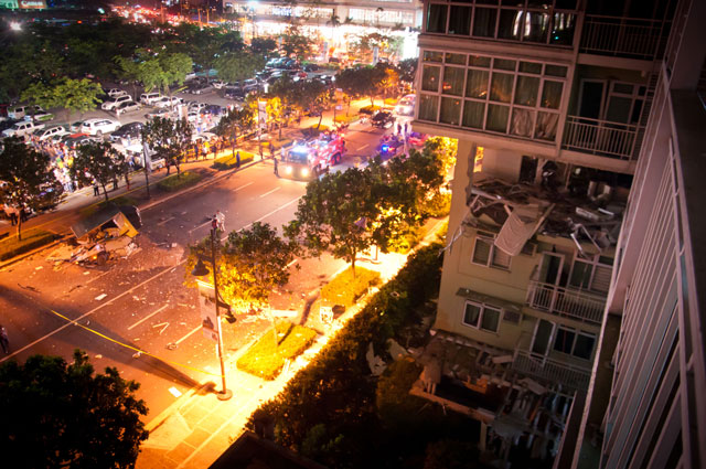 POWERFUL EXPLOSION. Police confirm an explosion at Serendra, a posh enclave in Taguig at around 8pm on Friday, May 31. Photo by Robin Leonard