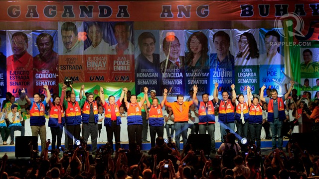 RIVALS-TURNED-ALLIES. Former Sen Richard Gordon reconciled with rivals former President Joseph Estrada and Zambales Rep Mitos Magsaysay. They are now together in UNA. File photo of UNA proclamation by Charlie Saceda 