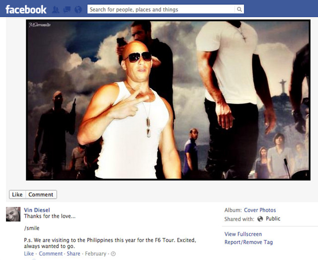ON HIS WAY. Vin Diesel posted this photo taken in Brazil with a description that revealed his Manila visit. Screen shot from Facebook