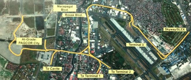 TRAFFIC BUSTER. This is the map of the NAIA Expressway project that San Miguel won over rival Metro Pacific. Map provided by the Department of Public Works and Highways